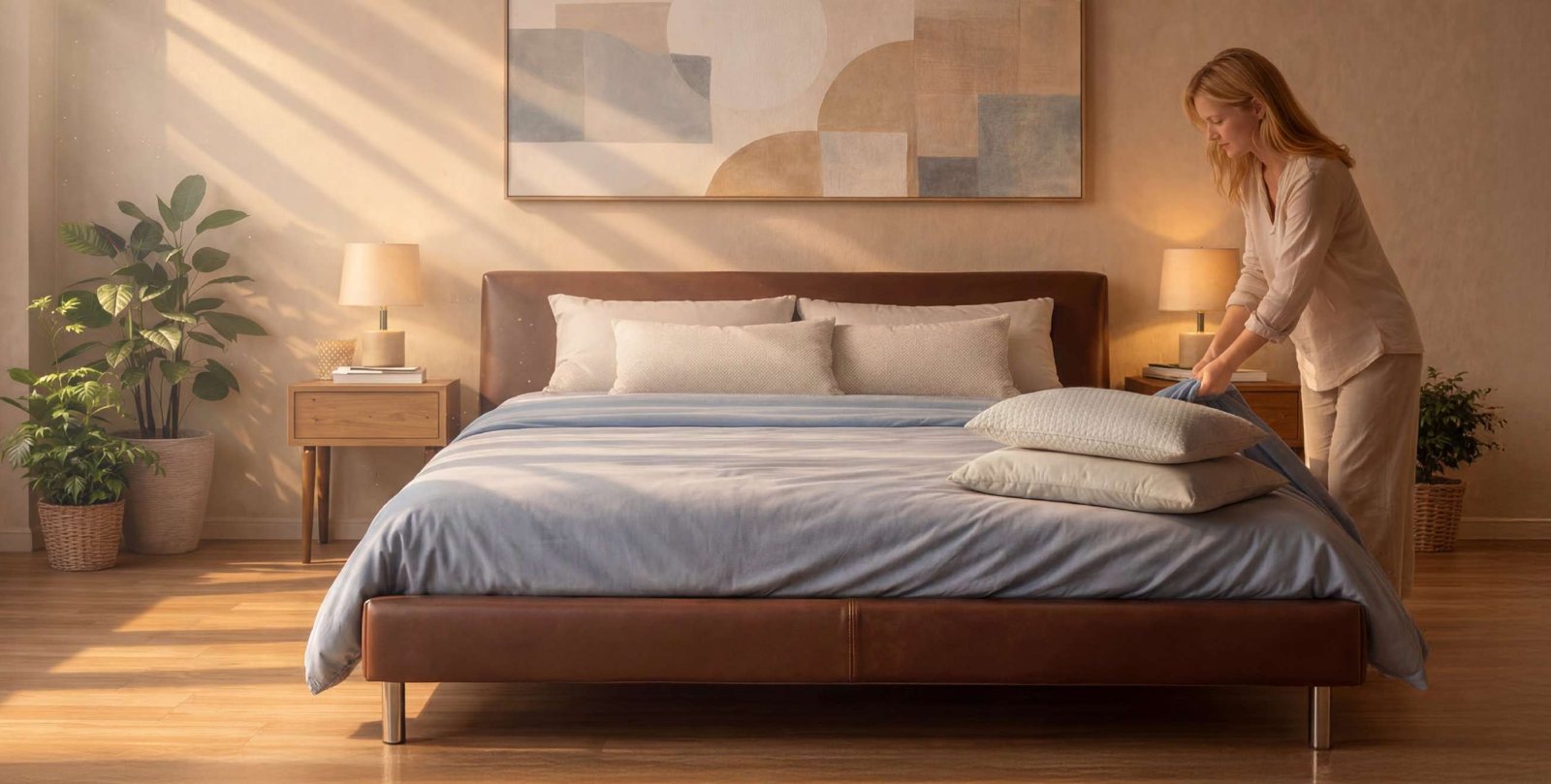 Un letto rifatto con guanciali e coprimaterasso