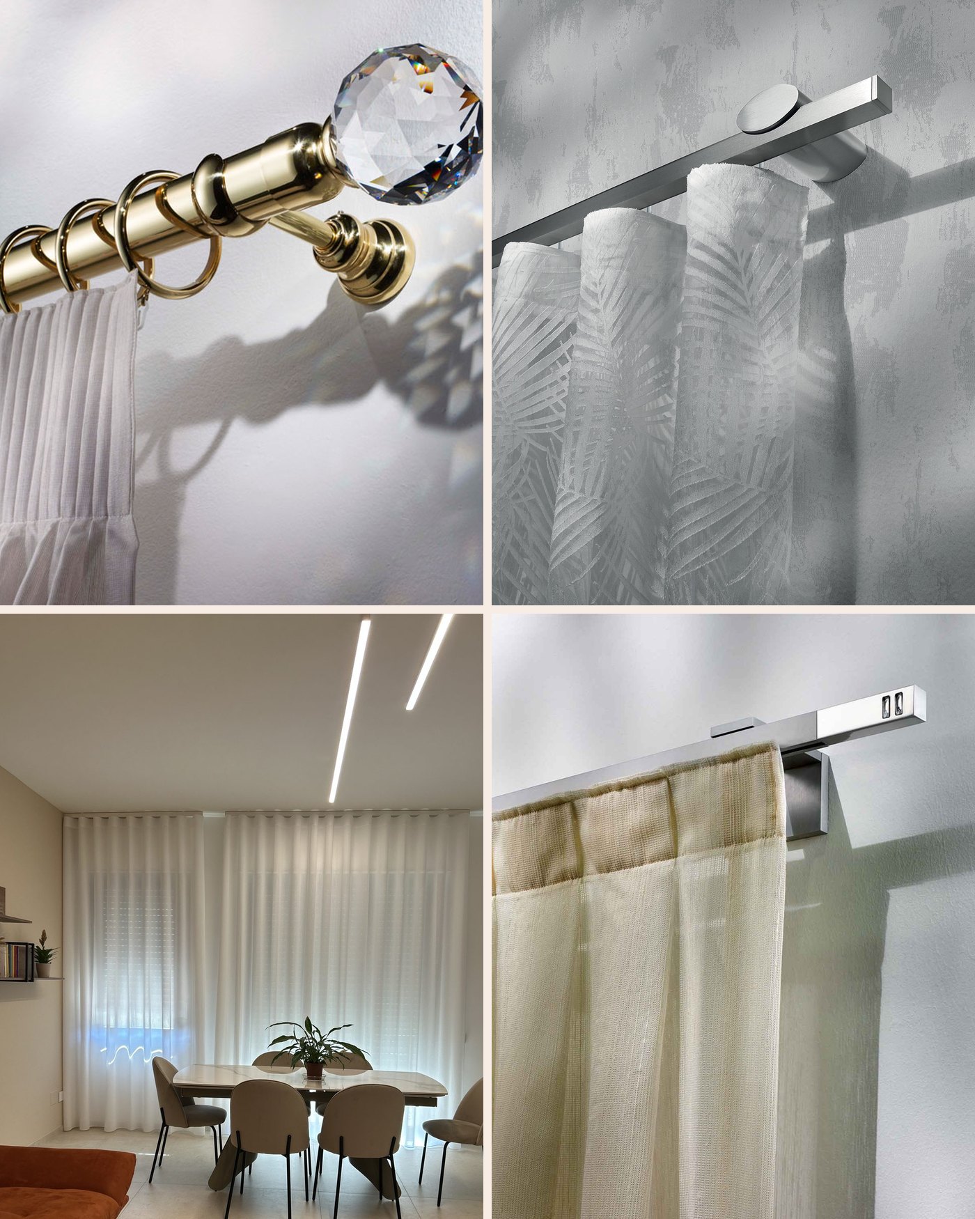 Bastone in ottone, binario Crypto, binario a soffitto con tenda a onda e binario a parete