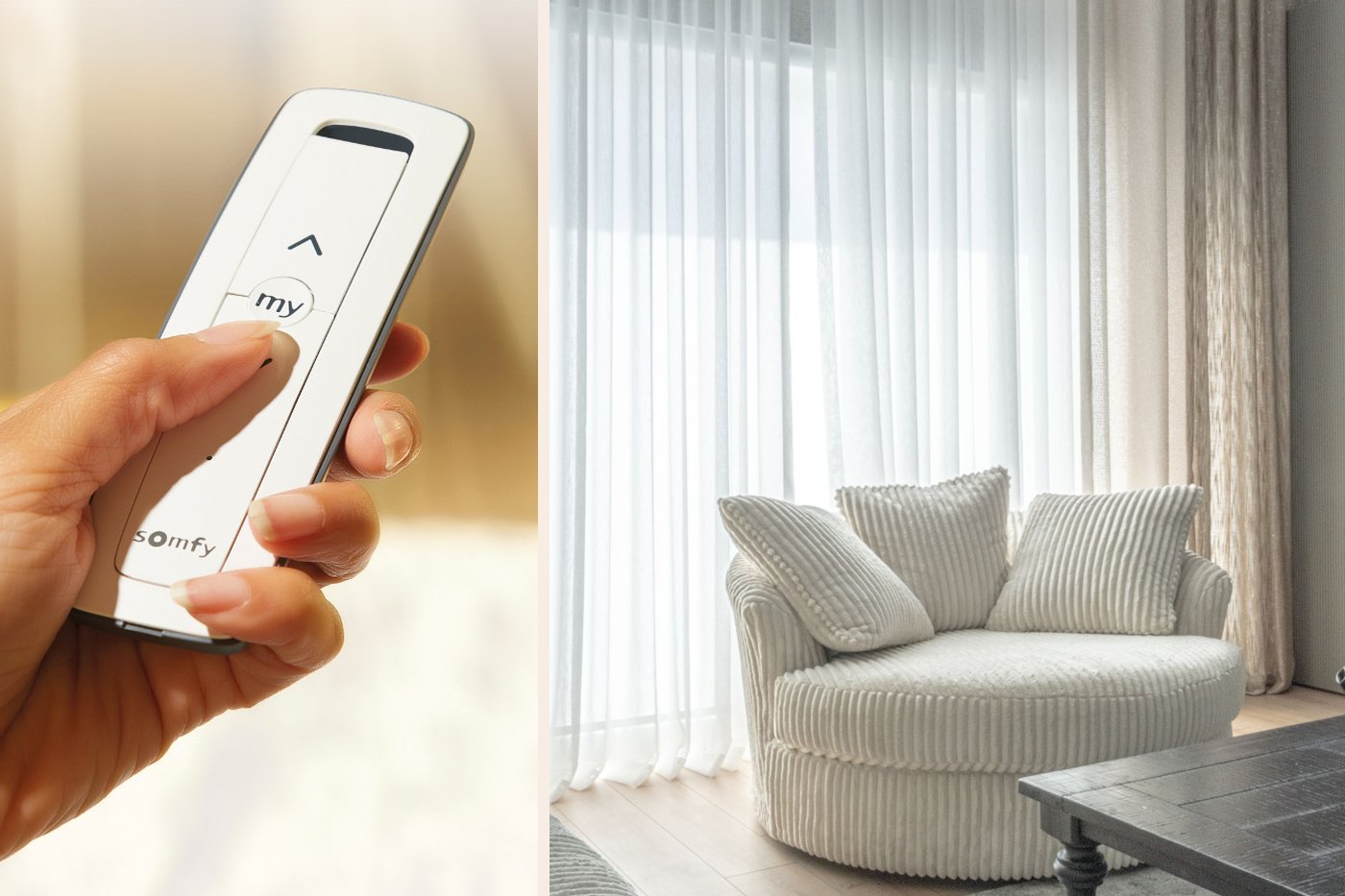 Telecomando Somfy e tende velate in un soggiorno moderno