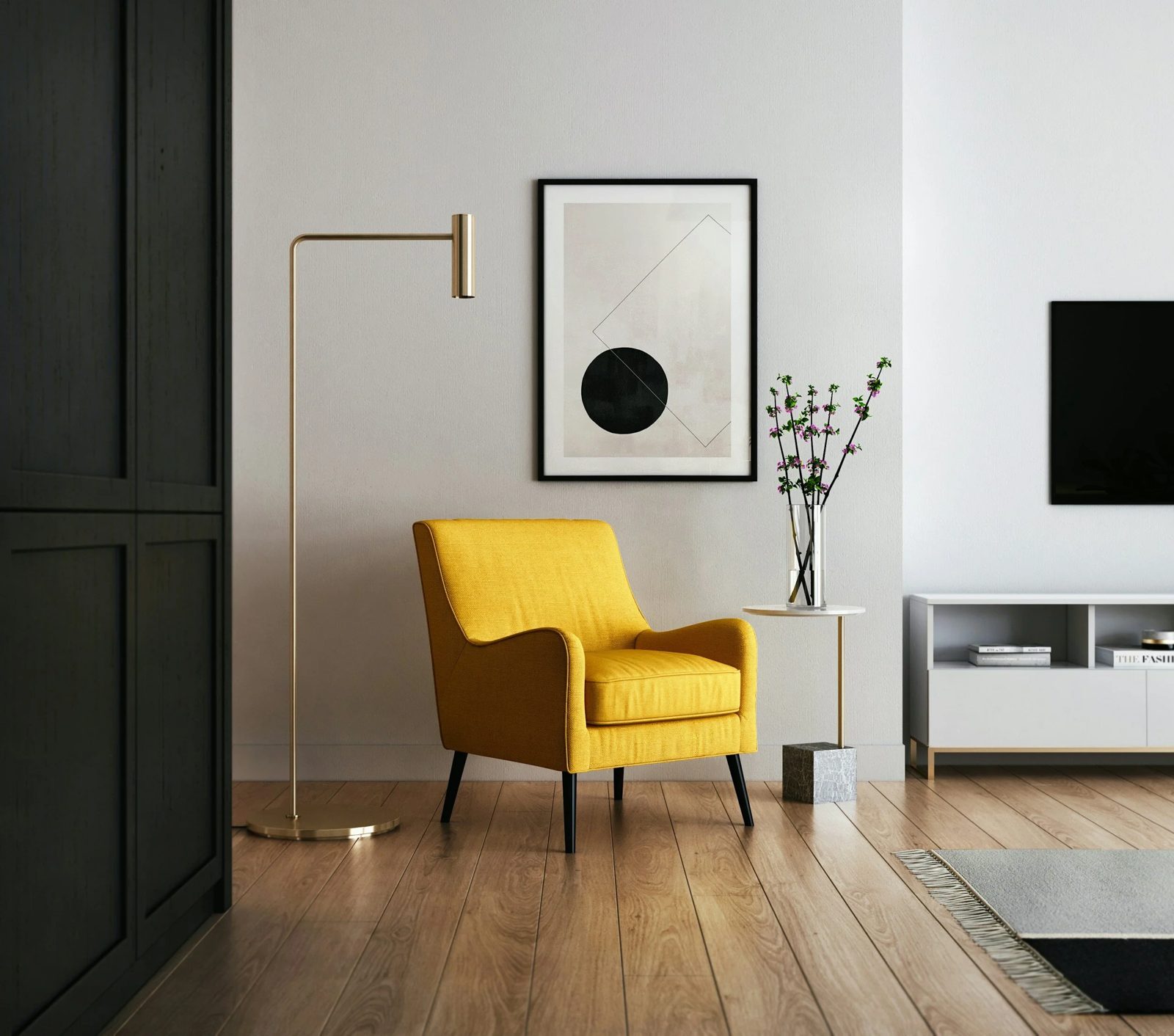 Soggiorno di design con poltrona gialla